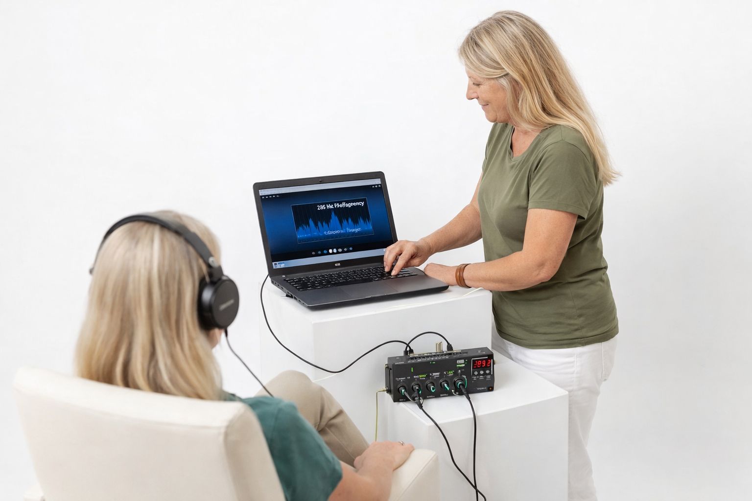 Energetikerin mit Laptop und Mischpult